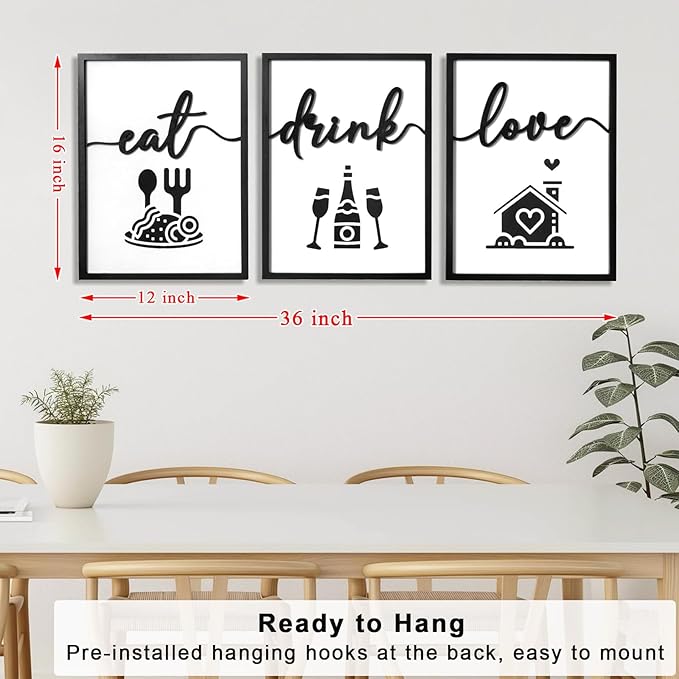 3D Wood Dining Room Wall Decor, Framed Kitchen Pictures Wall Art for Dining Room Wall Decor(Ready to Hang, 12x16 inches, Set of 3, Framed)
