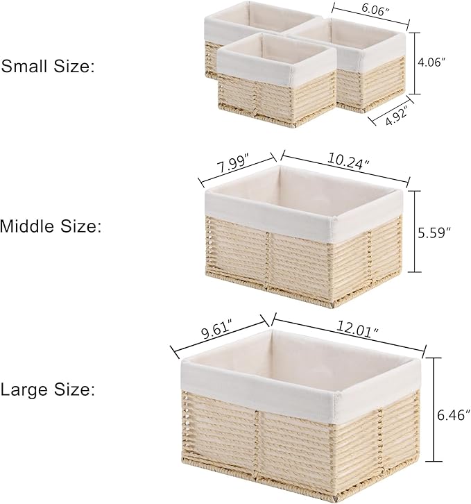 Vagusicc Wicker Storage Basket, Hand-Woven Paper Rope Basket, Rectangular Small Basket for Organizing, Cube Storage Bin for Closet/Clothes/Dresser, Beige, 5-Pack