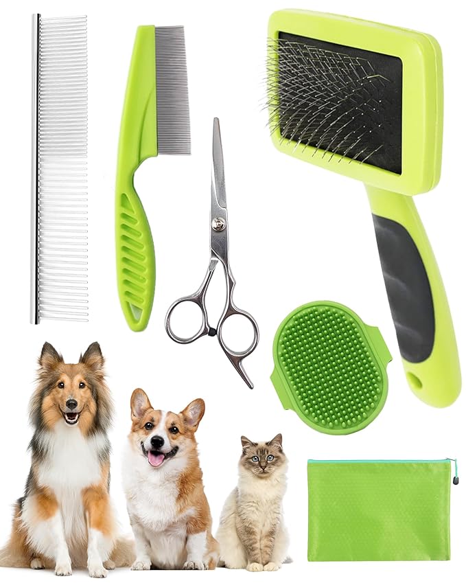 Dog Brush for Shedding Grooming,6 Pack Long-Pin Brush Set for Long Haired Dog Cat Goldendoodles Poodles Doodles Green