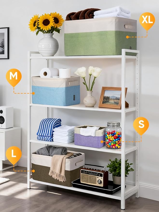 BALEINE 4 Pack Fabric Storage Bins for Shelves, Linen Storage Baskets for Organizing, Decorative Closet Bins for Clothes, Home (Grey, 14''x10''x8.5'')