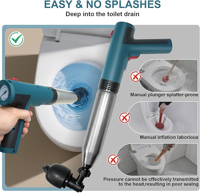 Electric Toilet Plunger,High Pressure Toilet Plunger,For Bathroom Floors Shower Kitchen Drain Sinks Unclogger, Heavy Duty Clog Remover Declogger Toilet Plumbing Clogs