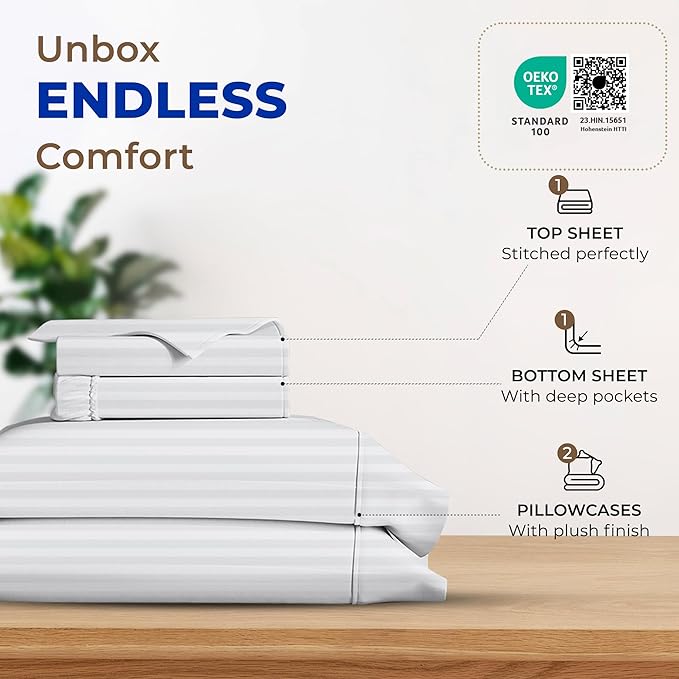 THREAD SPREAD Luxury Egyptian Cotton King Stripe Sheet Set, 600 Thread Count Extra Long Staple 4 PC Set, King White Damask Sheets, Soft, Cooling Sateen Weave Sheets Upto 18" Deep Pocket