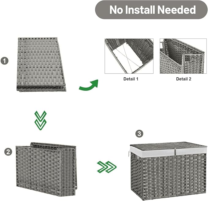 240L Wicker Storage Basket with Lid, Handwoven Rattan Large Shelf Basket with Removable Liner, 63.5 Gallon Wicker Basket for Blanket, Storage Trunk with Handle for Closet, Bedroom, Livingroom, Grey