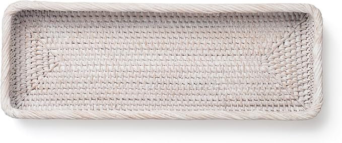 Rattan Bathroom Vanity Trays Toilet Tank Baskets Long Narrow Hand Towel Storage Basket for Storage, Decorative (Whitewash 16.3 x 6.1 x 2 inch)