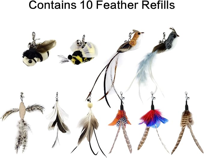 TTcat Interactive Bird & Insect Simulation Cat Toy Set 10 Pcs Feather Refills & 2 Pcs Cat Wand Toy, 29'' Flexible Steel Wire, Sturdy Wood Handle & Bell, for Indoor Kittens.