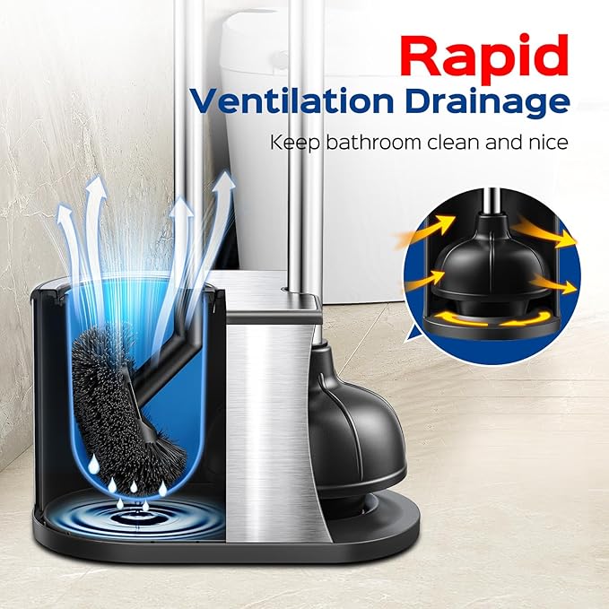 HAMITOR Toilet Plunger and Brush Set: 2 in 1 Stainless Steel Bowl Brush with Holder, Deep-Cleaning Curved Bristles and Heavy Duty Unclogger, Compact Design for Household & Hotel, Silver, 2-Pack