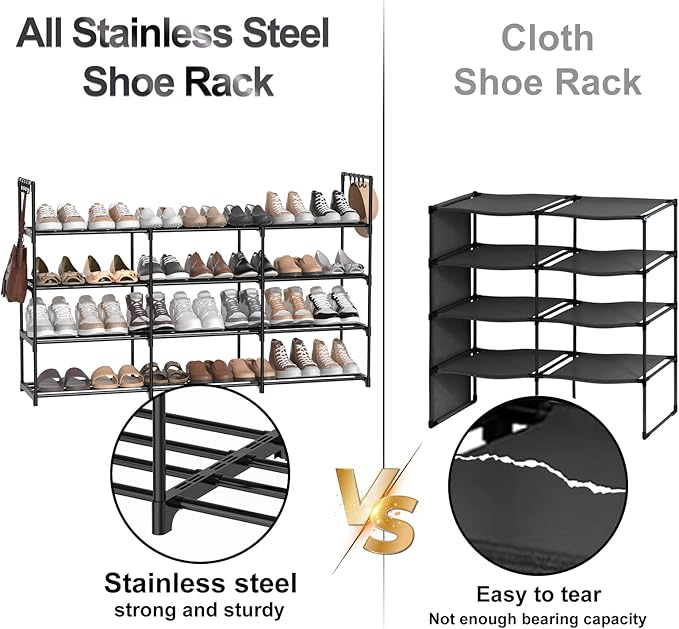 3-Row 4-Tier Shoe Rack, Black Metal Stackable Shoe Shelf with Multifunctional Hooks, Hold 24-30 Pairs, Space Saving Shoes Organizer for Closet,Show Rack