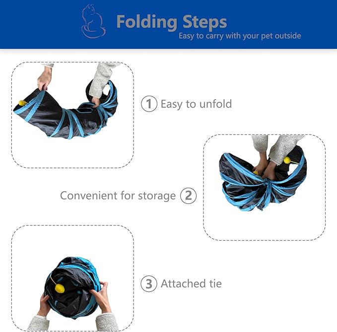 Foldable H-Shaped Cat Tunnel Toy with Interactive Playing Balls - 4 Exits for Cats, Kittens, Rabbits & Small Pets Collapsible Play Tube for Indoor Fun & Exercise (Blue Black)