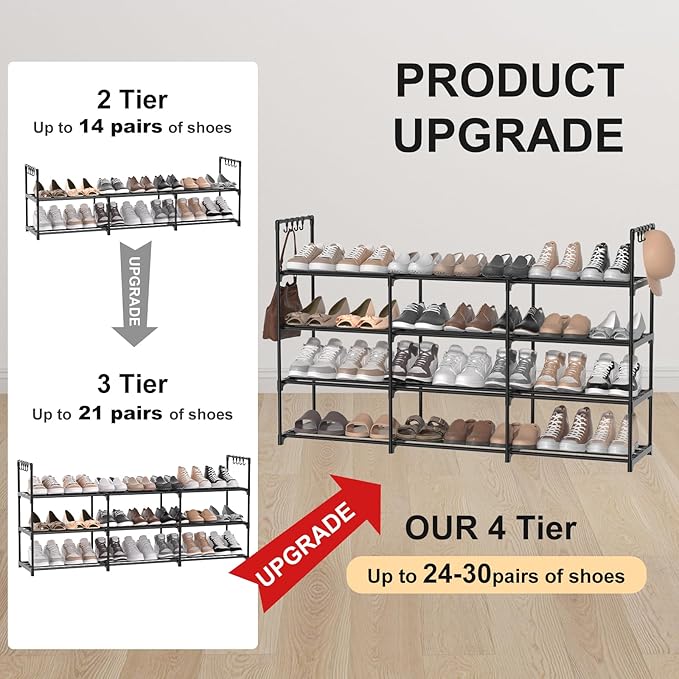 3-Row 4-Tier Shoe Rack, Black Metal Stackable Shoe Shelf with Multifunctional Hooks, Hold 24-30 Pairs, Space Saving Shoes Organizer for Closet,Show Rack