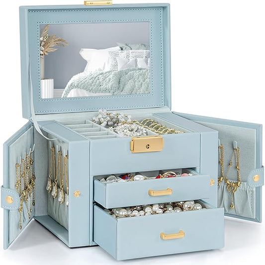 TORIBIO Jewelry Box for Women, Leather Jewelry Organizer with Mirror & Lock, 3-Tier Jewelry Storage Organizer with 2 Drawers for Girls/Women/Mothers, Necklace Earring Bracelets Holder Organizer