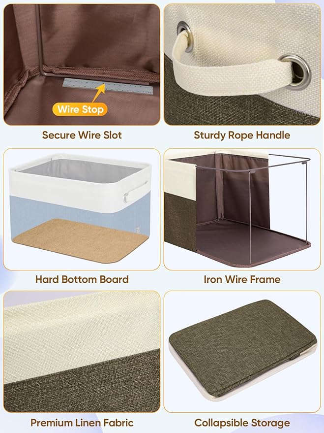 BALEINE 3 Pack Fabric Storage Bins for Shelves, Linen Storage Baskets for Organizing, Decorative Closet Bins for Clothes, Home (Brown, 14''x10''x8.5'')