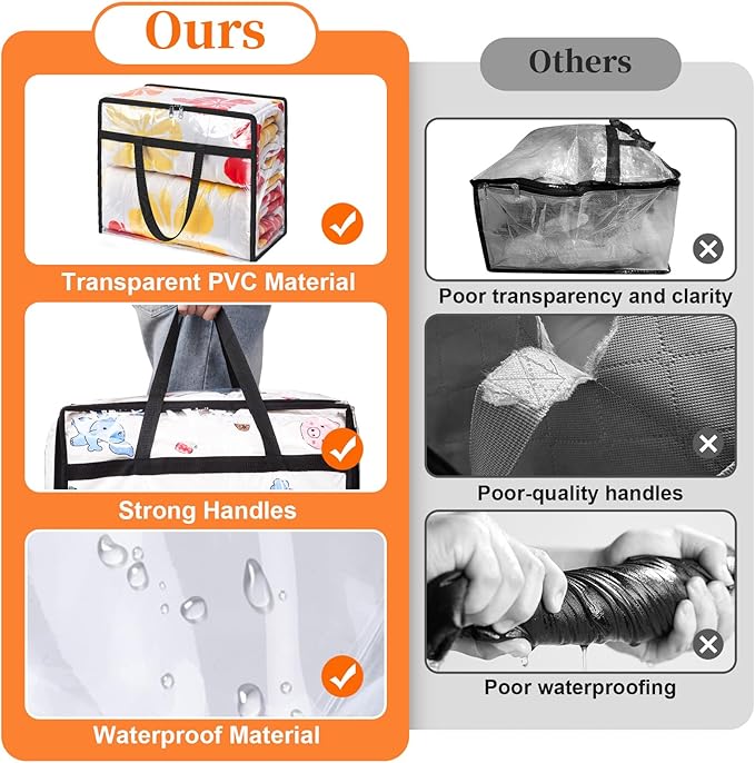 Clear Clothes Storage Bags, 4 Pack Closet Organizers and Under Bed Storage Containers, Foldable Moving Bags with Zippers for Comforter, Blanket, Bedding, Duvet, PVC Packing Bags 60L