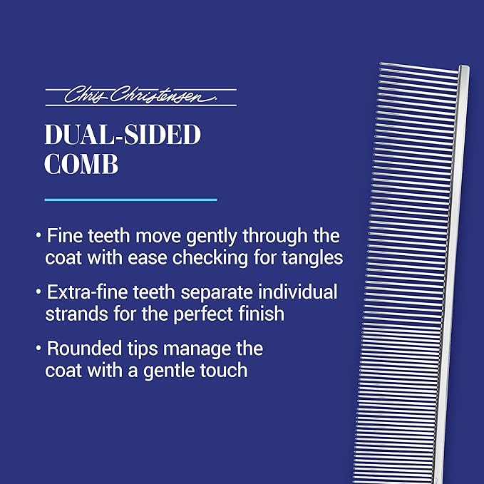 Chris Christensen 504 8.5 in. Fine/Coarse Greyhound-Style Butter Comb, Groom Like a Professional, Rounded Corners Prevent Friction and Breakage, Solid Brass Spin with Steel Teeth, Chrome Finish.