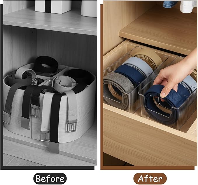 2-Pack Belt Storage Organizer, Acrylic Belt Organizer with 8 Detachable Compartments, Clear Belts Holder for Closet & Drawer, Fits Most Sizes, Space-Saving Design for Ties, Bows & Jewelry