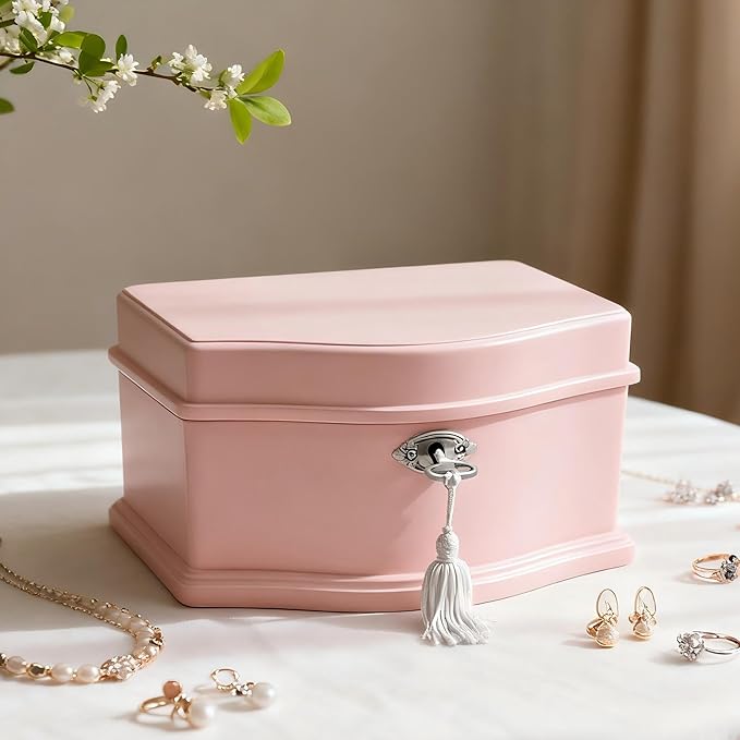 Ballerina Musical Jewelry Box with Mirror Lock for Girls Wooden Jewelry Storage Music Chest Perfect Gifts for Kids,Great gifts for Christmas and all Holidays (Pink-M)