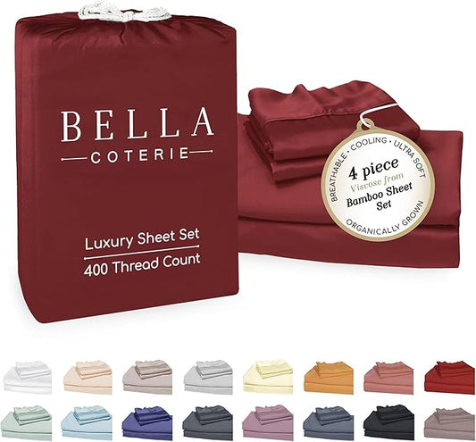 Bella Coterie Luxury Bamboo Viscose Full Size Sheet Set | 100% Organically Grown | Ultra Soft | Cooling for Hot Sleepers | 18" Deep Pocket [Merlot]