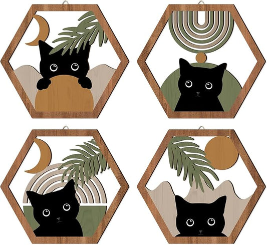HPNIUB Boho Black Cat Wall Decor, Farmhouse Geometric Hanging Wooden Wall Art, 4 Pieces 11''x9.8'' Mid Century Bohemian Abstract Moon and Sun Wood Sign for Nursery Bedroom Decoration, Lovely Cat Gifts