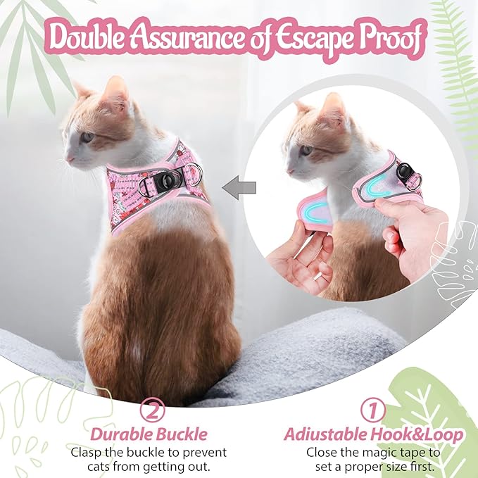 Cat Harness and Leash Escape Proof for Walking, Adjustable Soft Kitten Harness with Reflective Straps Step in Cat Vest Harness for Small Kitten and XS Dogs (Pink, L-Chest(15.7"-17.7"))
