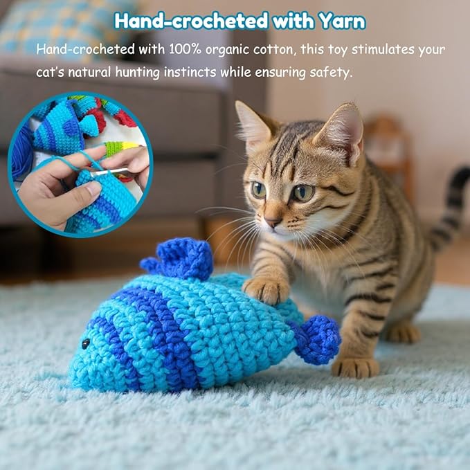 Cat Toys with Catnip & Bell Soft Natural Cat Nip Toys for Indoor Cats Hand Crocheted Interactive Kitten Fish Toys