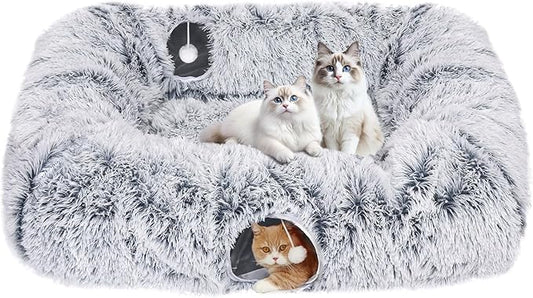 Extra Large Cat Tunnel Bed, 4 Ways Tunnels for Indoor Cats, Multi-cat Family Cat Bed & Cave, Plush Cat Donut with Washable Middle Mat, Exit Balls, Pet Play Toy for Kitten Puppy Rabbit