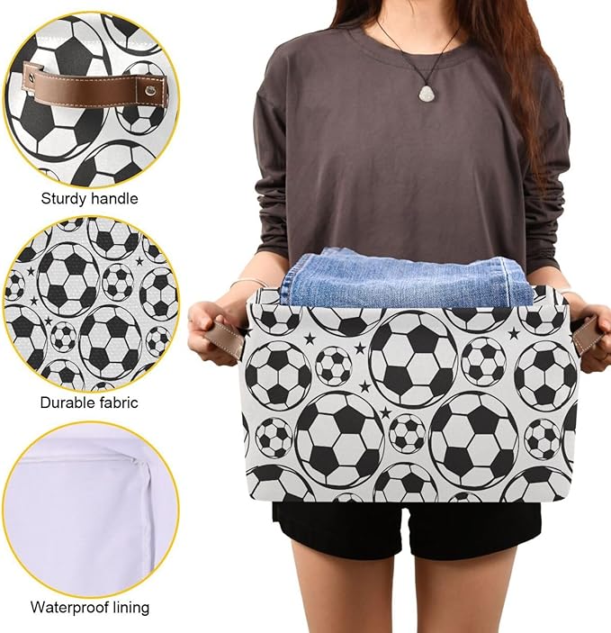 Soccer Ball Football Large Storage Basket Cube Storage Bin Canvas Fabric Organizer Handles Collapsible Decorative for Clothes Toys Bedroom