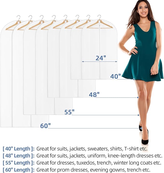 55" All Clear Garment Bags for Hanging Clothes, 12 Packs Dress Bags for Gowns, Plastic Waterproof Garment Covers with Zipper for Long Coats, Dresses, Trench (Set of 12)