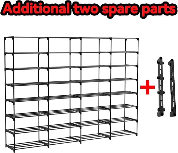 Large Shoe Rack Organizer, 4-Row 8-Tier Tall Shoe Storage Shelf for Closet, Entryway, Garage, Metal Free Standing Shoe Holder for 56-64 Pairs Shoes, Sturdy Stackable Shoe Stand for Bedroom