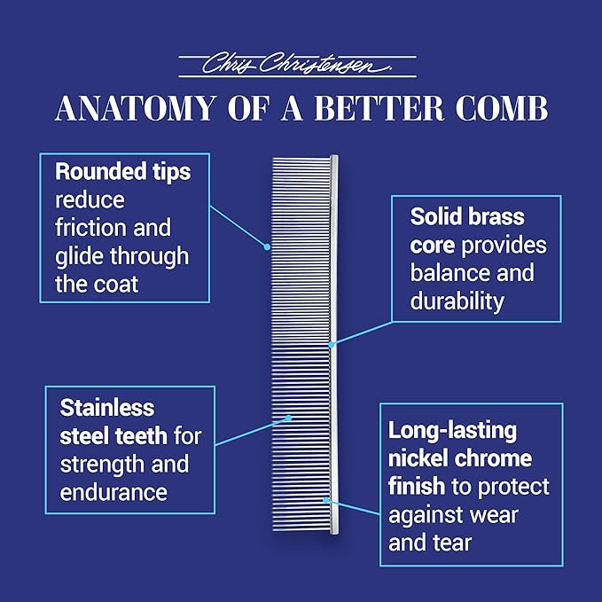 Chris Christensen 504 8.5 in. Fine/Coarse Greyhound-Style Butter Comb, Groom Like a Professional, Rounded Corners Prevent Friction and Breakage, Solid Brass Spin with Steel Teeth, Chrome Finish.