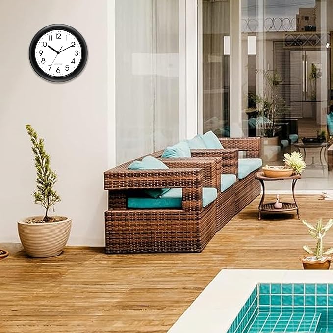 Caysie 10 Inch Sealed Indoor Outdoor Clock Waterproof, Silent Battery Operated Weatherproof Wall Clocks for Pool Patio Outside Home (Black)