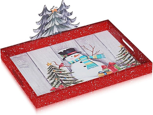 Christmas Decoration Serving Tray with Handels Decorative Tray Coffee Table Serving Platter Thanksgiving Tray - Breakfast Drinks Liquor Snowman(Red)