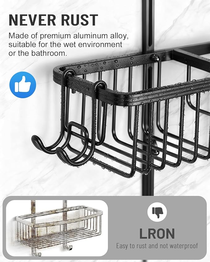 Adjustable Shower Caddy Hanging for Handheld Showerheads - Never Rust Shower Hanging Organizer, Upgraded Bathroom Shower Rack with Soap Basket, Hooks and Toothbrush Holder (Black)