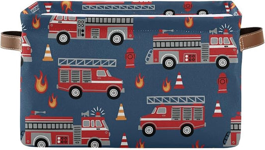 Fire Trucks Large Storage Basket Cube Storage Bin Canvas Fabric Organizer Handles Collapsible Decorative for Clothes Toys Bedroom