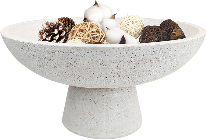 Large Decorative Fruit Bowl - Modern Handcrafted Resin Pedestal Bowl for Kitchen Counter, Entryway Key Holder & Table Centerpiece, Off-White Travertine Stone Bowl