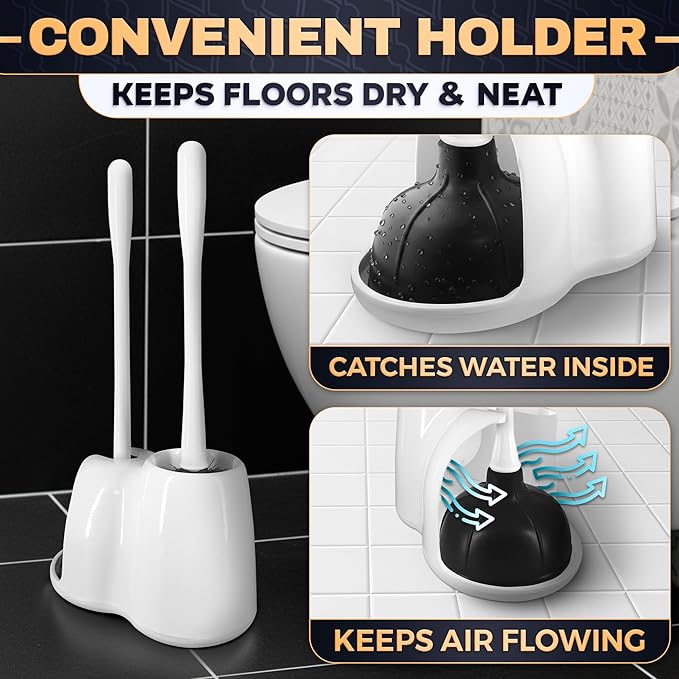 2-in-1 White Toilet Brush and Plunger Set with Holder – Compact Bathroom Cleaning Combo, Strong Rubber Plunger & Stiff Bristle Brush, Space-Saving Stand, Fits Most Standard Toilets, 9.3×6.3×15.2 inch