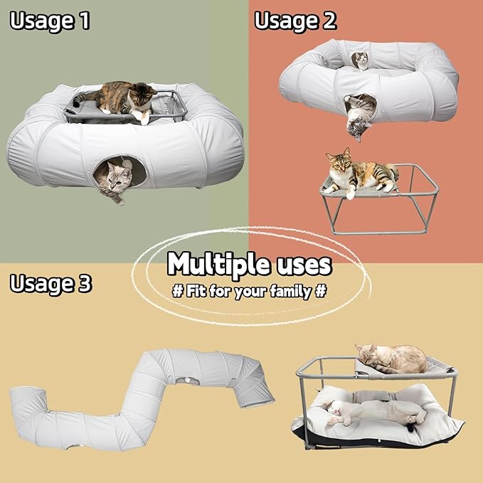 XxingSheep 2-Tier Cat Tunnel & Hammock Bed XXL, 4 Cave Shuttle with Elevated for Multiple Cats Toy Light Grey