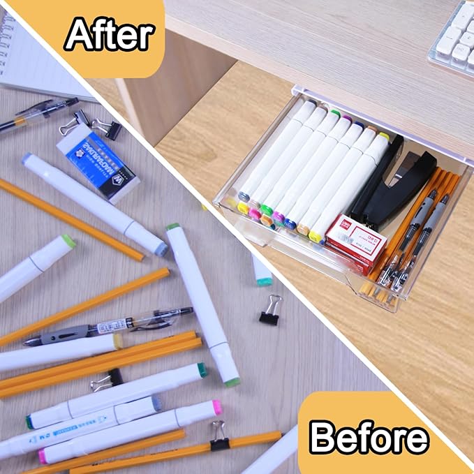 Under Desk Drawer Organizer, Attachable Slide Out Storage Drawers, Hidden Desktop Organizers, Self-Adhesive Table Storage Accessories for Home Office and School (Transparent)