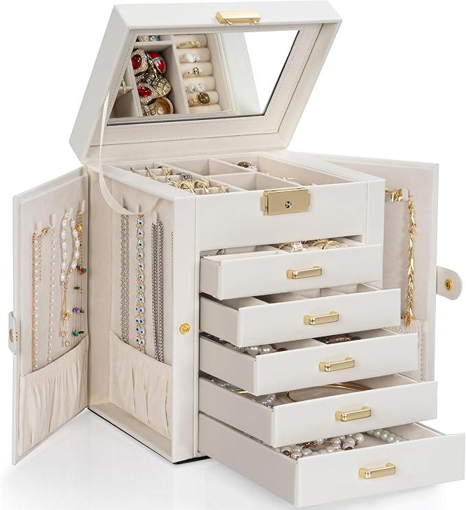 TORIBIO Large Jewelry Box for Women, Leather Jewelry Organizer with Mirror & Lock, 6-Tier Jewelry Storage Case for Girls/Women/Mothers, Necklace Earring Bracelets Holder Organizer