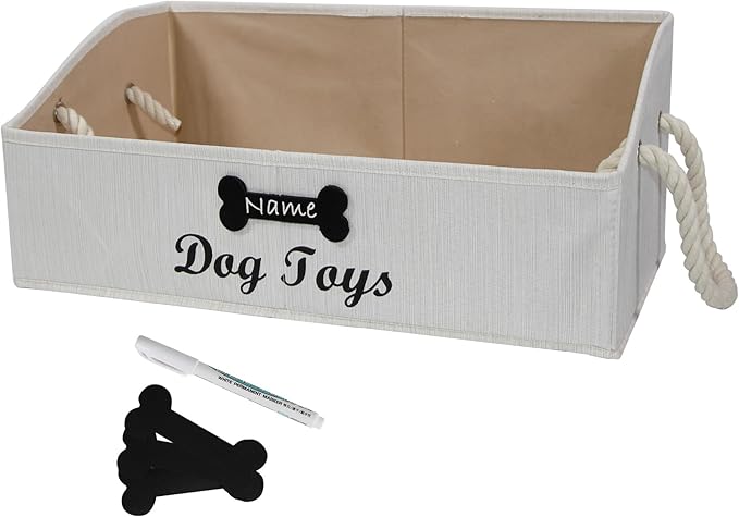 Geyecete Large Dog Toys Storage Bins-Foldable Fabric Trapezoid Organizer Boxes with Cotton Handle,Can be Personalized,Collapsible Basket(Beige-Dog)