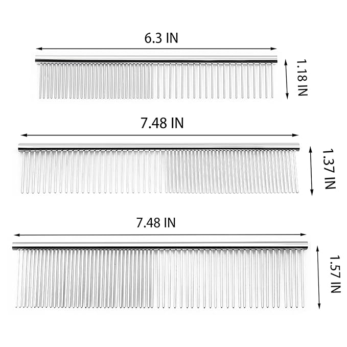Metal Comb for Dogs - Stainless Steel Dog Grooming Comb Set, 3 Pack Pets Flea Remova Tool - 6.3IN/7.4IN
