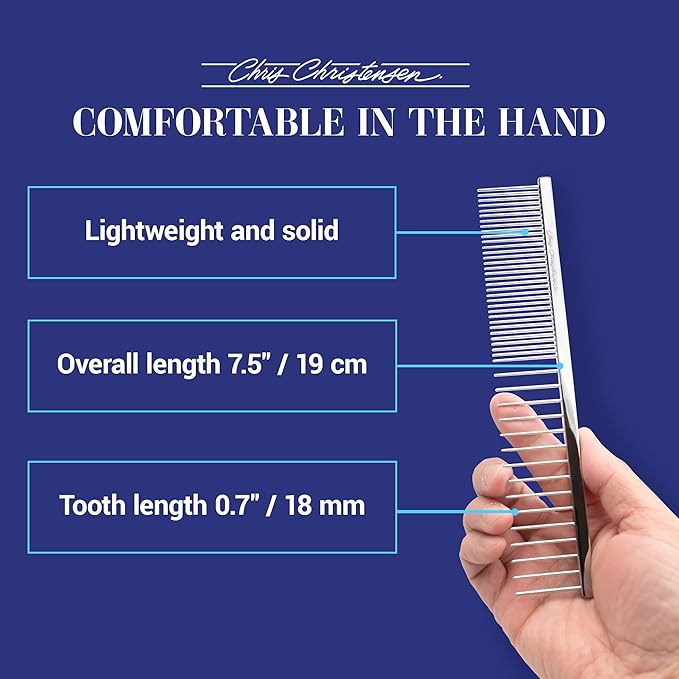 Chris Christensen 003 7.5 in. F/XC Greyhound-Style Butter Comb, Groom Like a Professional, Rounded Corners Prevent Friction and Breakage, Solid Brass Spin with Steel Teeth, Chrome Finish.