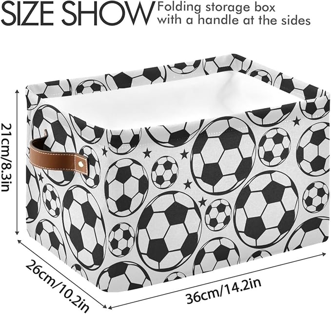 Soccer Ball Football Large Storage Basket Cube Storage Bin Canvas Fabric Organizer Handles Collapsible Decorative for Clothes Toys Bedroom