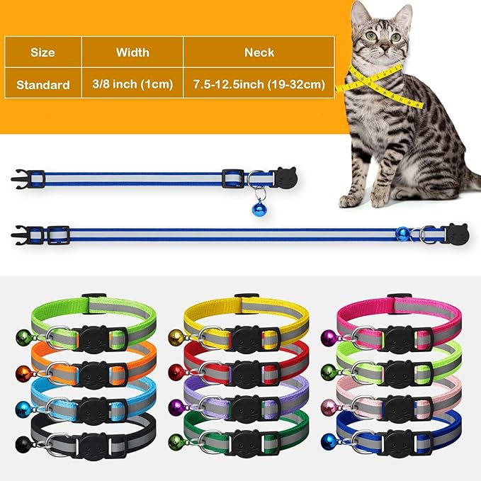 12 Pack Reflective-Breakaway Cat Collars with Bells,Safety Buckle Kitten Collar, with Name Tag, Adjustable,Ideal for Girl Cats Male Cats,Pet Supplies,Stuff,Accessories(12 Colors & 2 ID Tags)