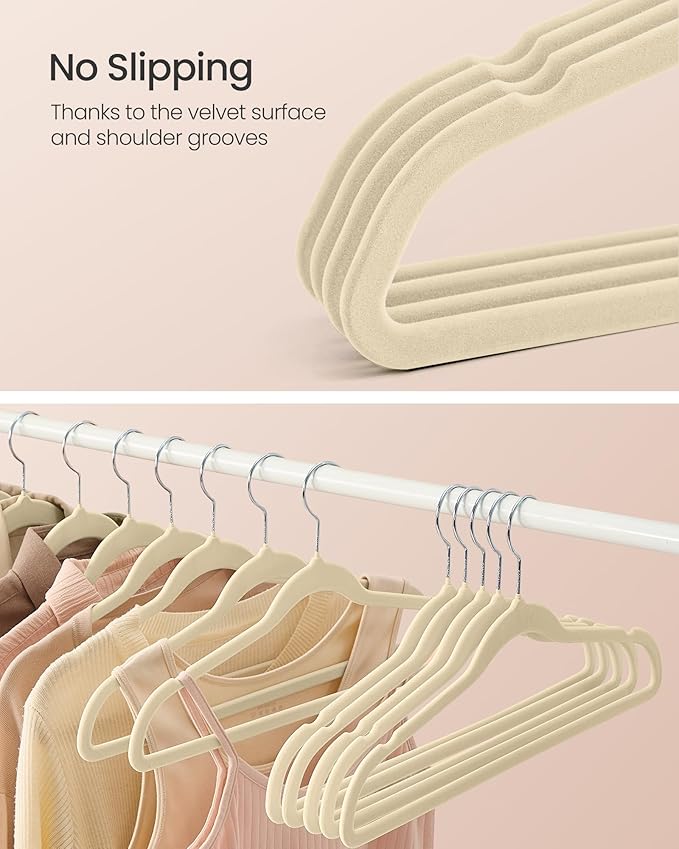 SONGMICS Velvet Hangers 60 Pack, Non-Slip Clothes Hangers with Silver-Colored Swivel Hooks, Slim Space-Saving for Closet, Heavy-Duty, Summer Sand UCRF036LF02S
