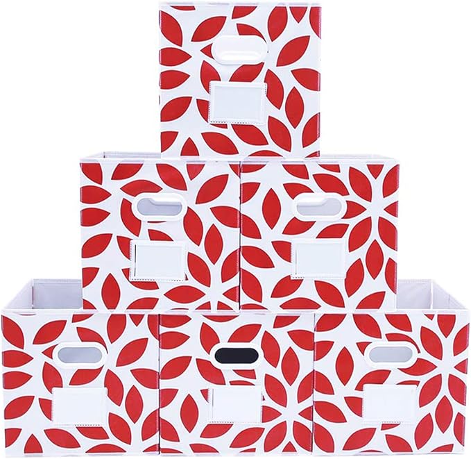 MAX Houser Fabric Storage Bins Cubes Baskets Containers with Dual Plastic Handles for Home Closet Bedroom Drawers Organizers, Foldable, Set of 6 (Red)