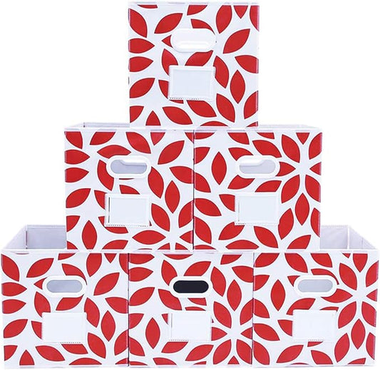 MAX Houser Fabric Storage Bins Cubes Baskets Containers with Dual Plastic Handles for Home Closet Bedroom Drawers Organizers, Foldable, Set of 6 (Red)