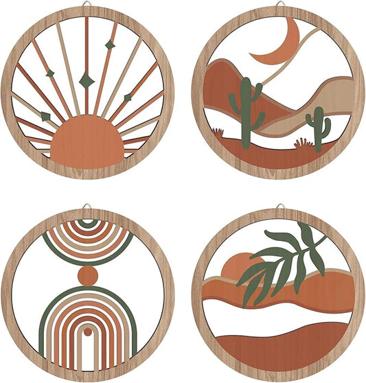 HPNIUB 4 Pcs Boho Wall Art Decor, Bohemian Geometric Hanging Wood Sign for Living Room, Aesthetic Abstract Desert Cactus, Minimalist Farmhouse Botanical Wooden Plaque for Apartment Bedroom(10''x10'')