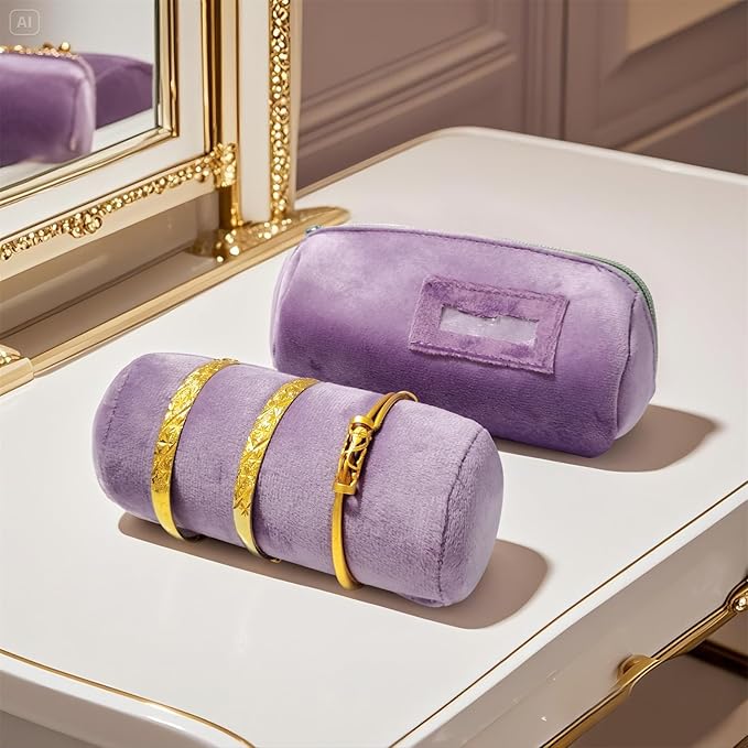Velvet Bangle & Bracelet Organizers and Storage Small Jewelry Travel Organizer Roll, Compact Jewelry Case for Bangles, Bracelets, Watches(Light Purple)