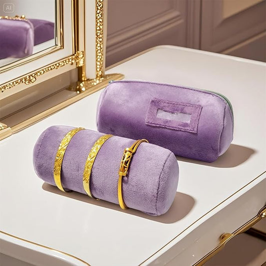 Velvet Bangle & Bracelet Organizers and Storage Small Jewelry Travel Organizer Roll, Compact Jewelry Case for Bangles, Bracelets, Watches(Light Purple)