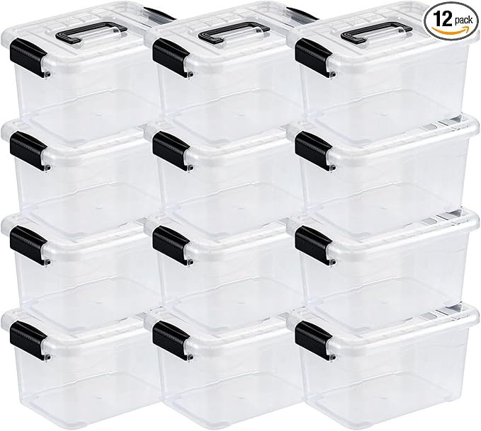 Nazhura Plastic Storage Bin, Stackable and Nestable Storage Boxes with White Lids and Secure Latching Buckles, Large Storage Container (CLEAR, 6QT 12PACK)