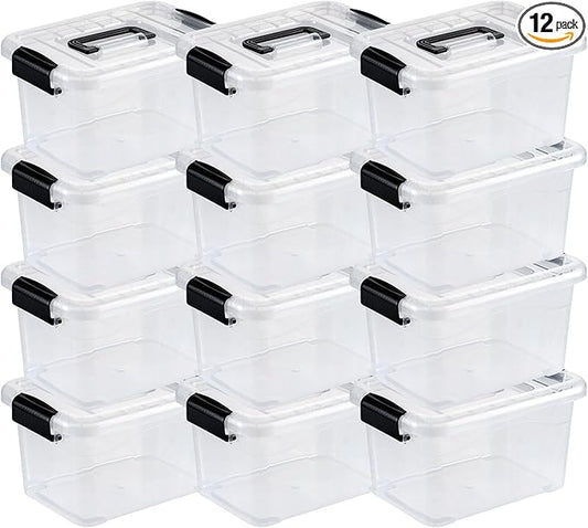 Nazhura Plastic Storage Bin, Stackable and Nestable Storage Boxes with White Lids and Secure Latching Buckles, Large Storage Container (CLEAR, 6QT 12PACK)